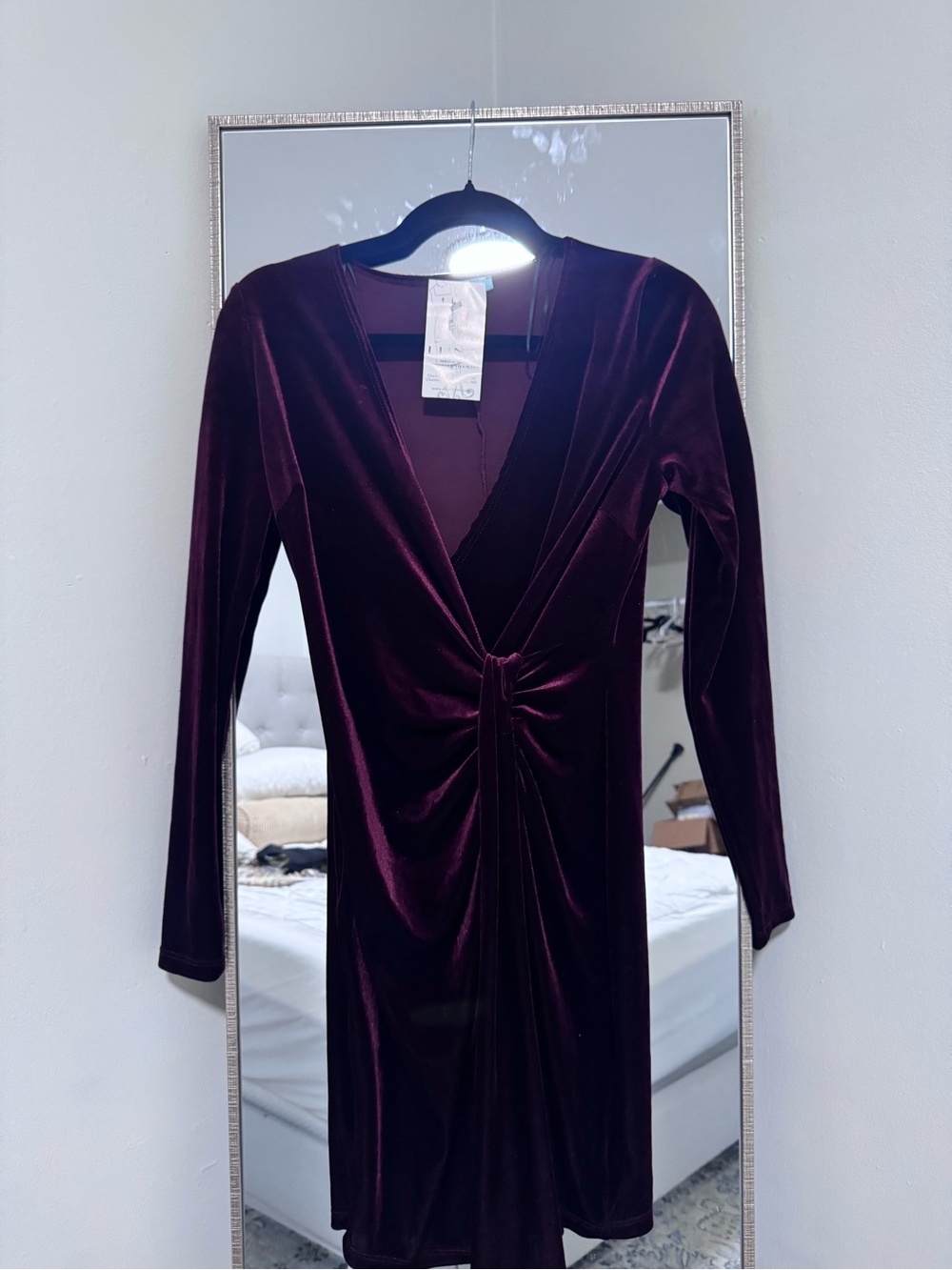 Karlie Velvet Twist-Front Long Sleeve Dress - Deep Burgundy